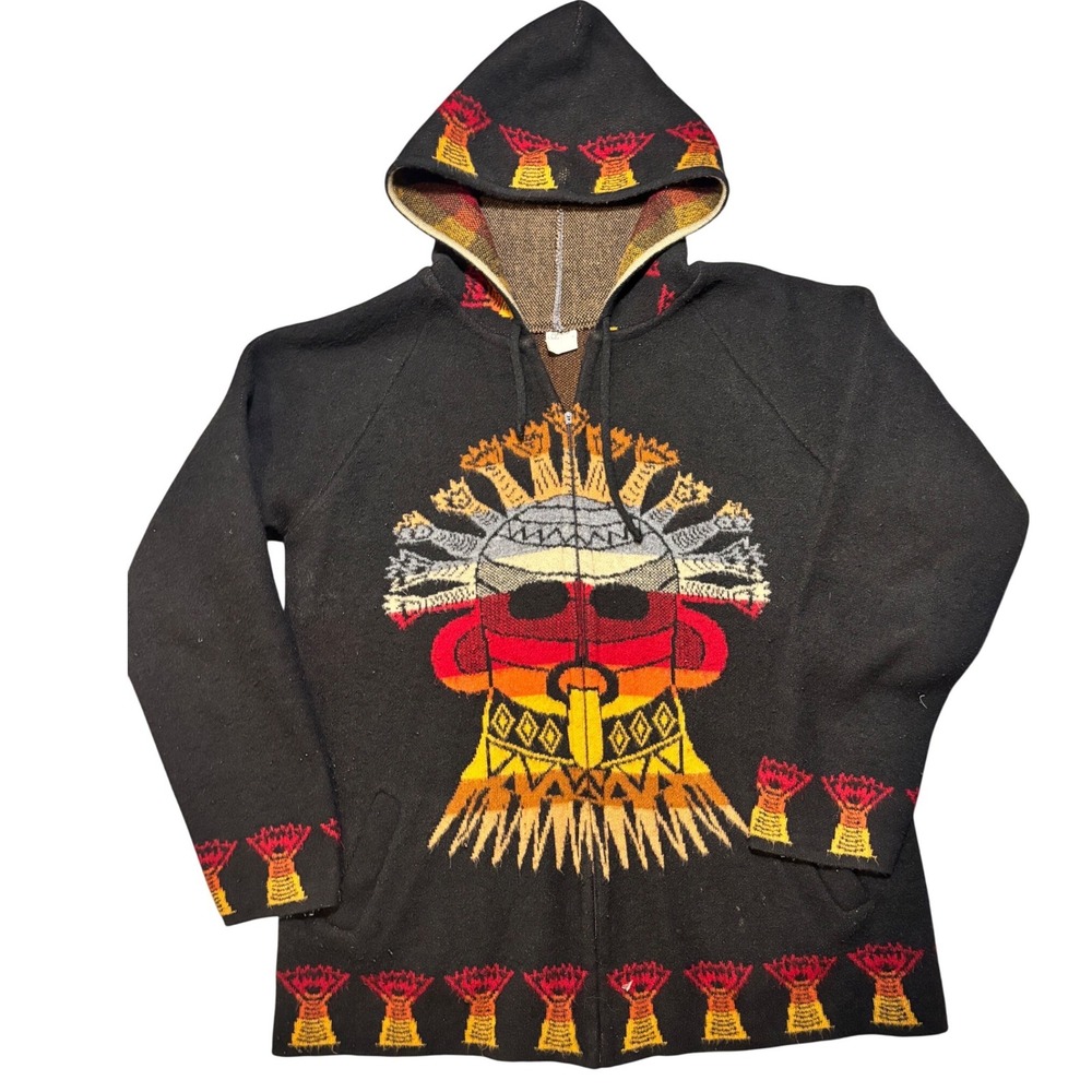 Handmade Ecuador Aya Huma Chompa Wool Knit Zip Hoodie Sweater XL